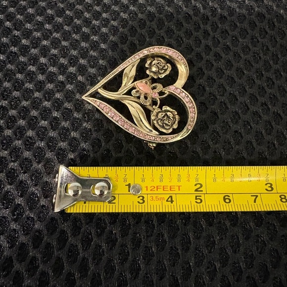 Vintage Heart Floral Brooch with Pink Rhinestones & Butterfly Accent - Picture 6 of 8